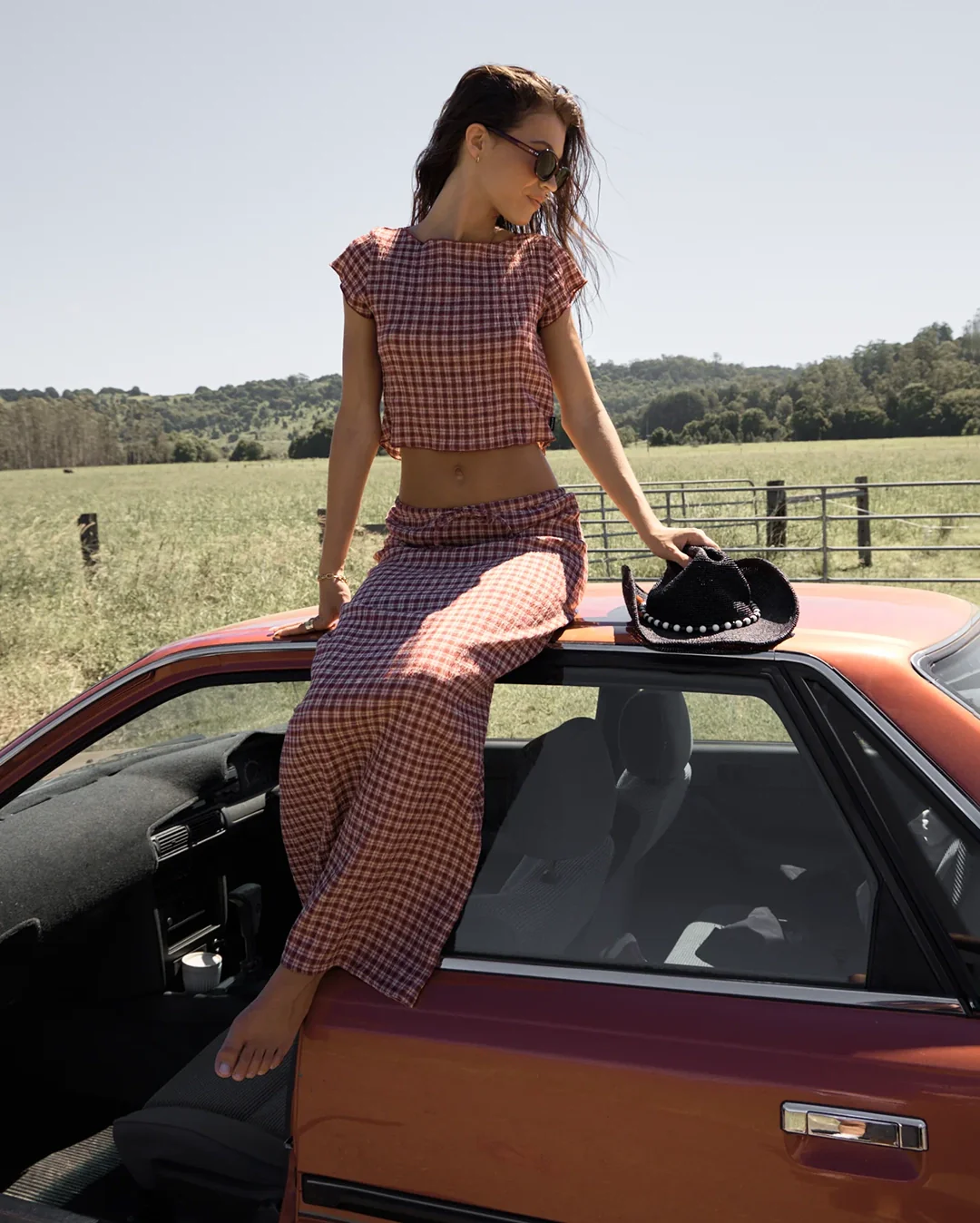 Capricorn - Seersucker Maxi Skirt - Burgundy / Beige Check - Image 2