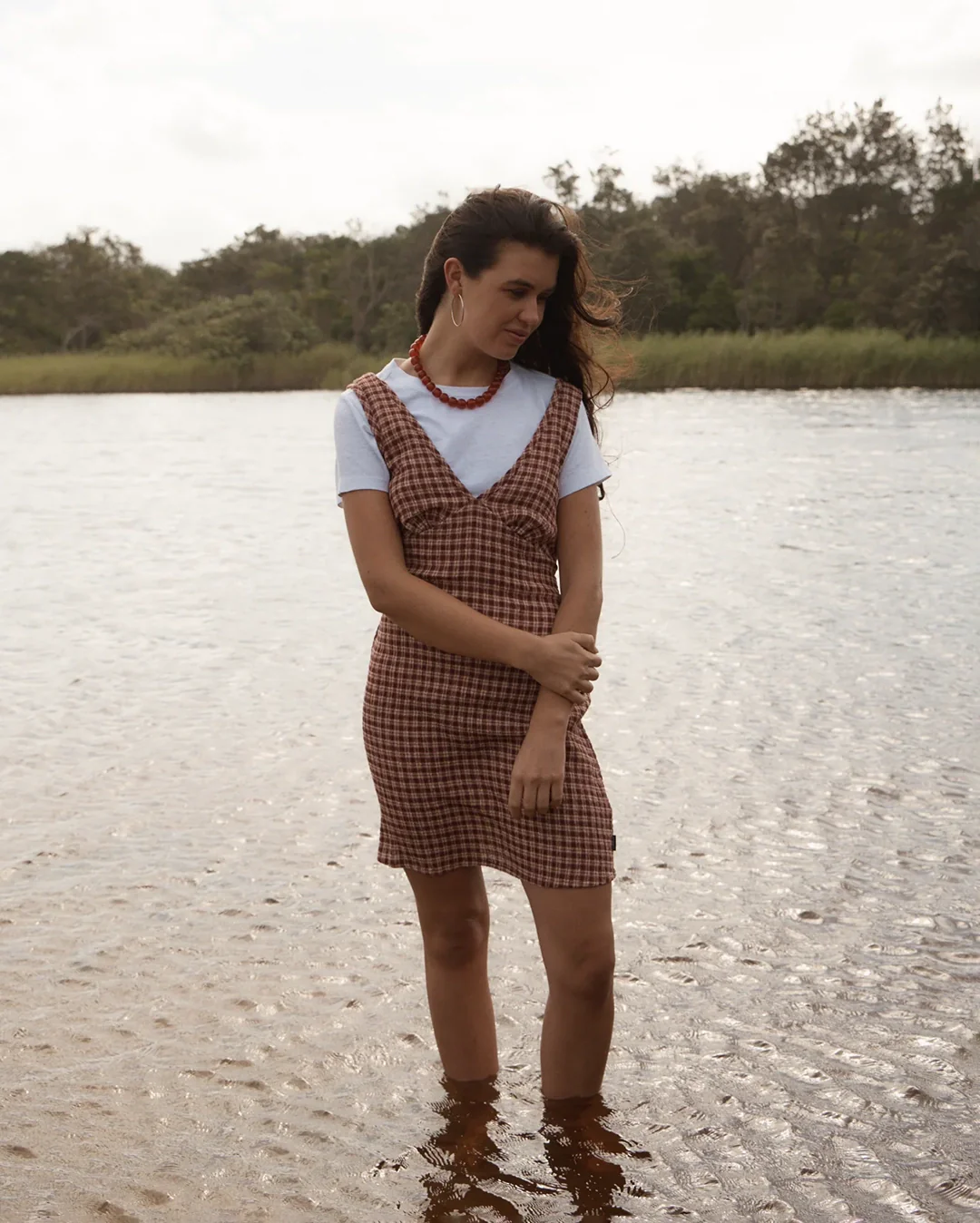 Capricorn - Seersucker Mini Dress - Burgundy / Beige Check