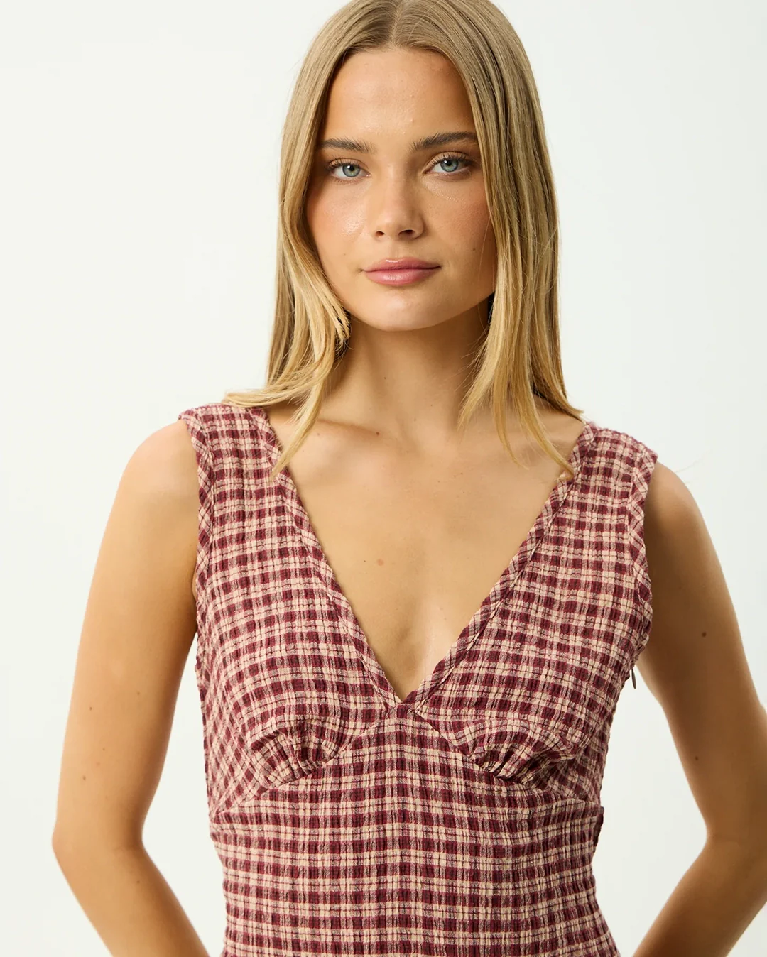 Capricorn - Seersucker Mini Dress - Burgundy / Beige Check - Image 7