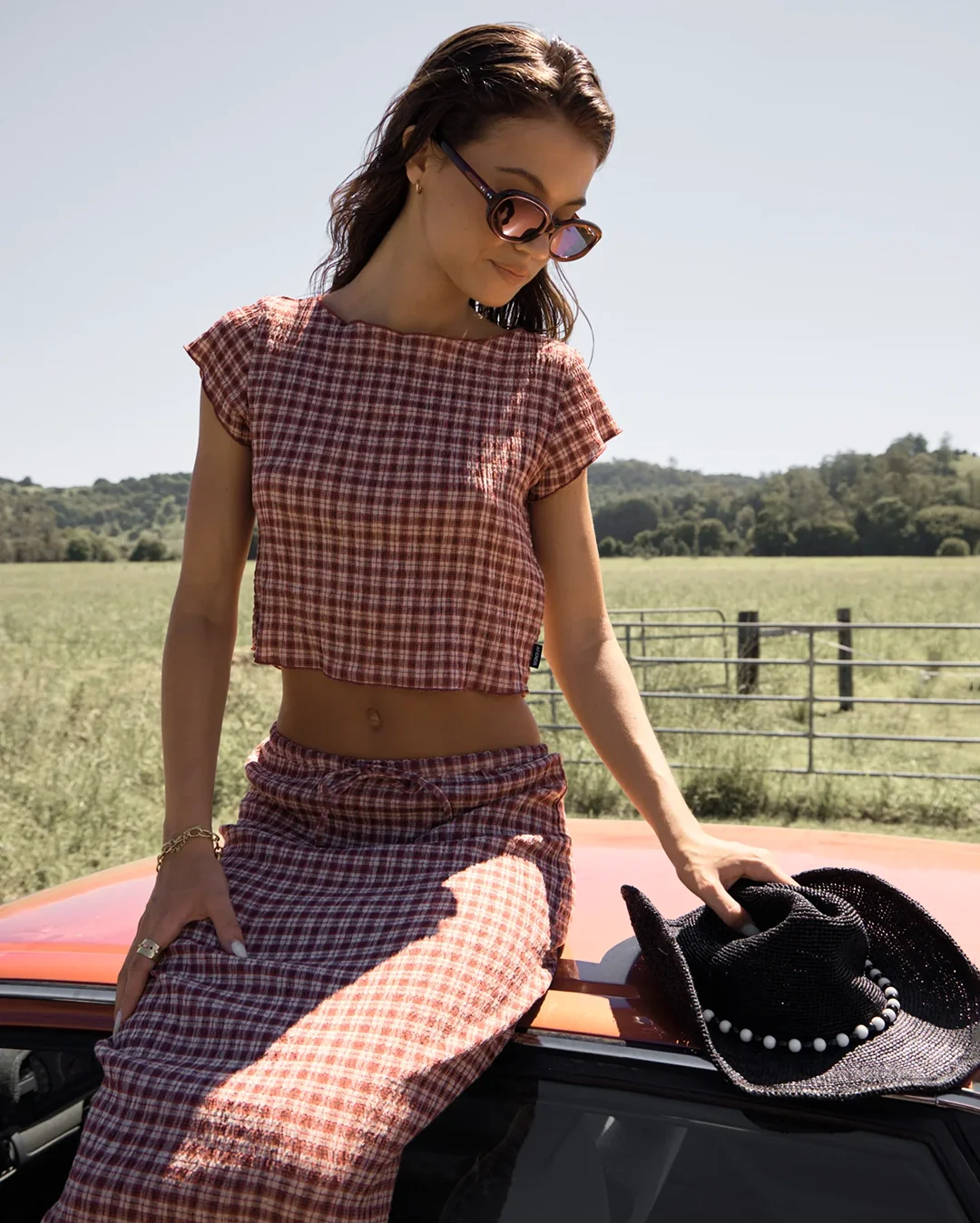 Capricorn - Seersucker Top - Burgundy / Beige Check