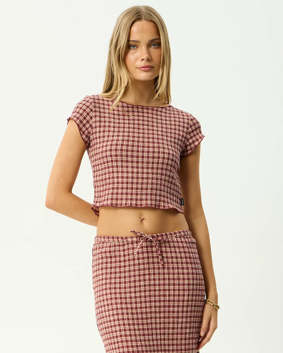 Capricorn - Seersucker Top - Burgundy / Beige Check - Image 2