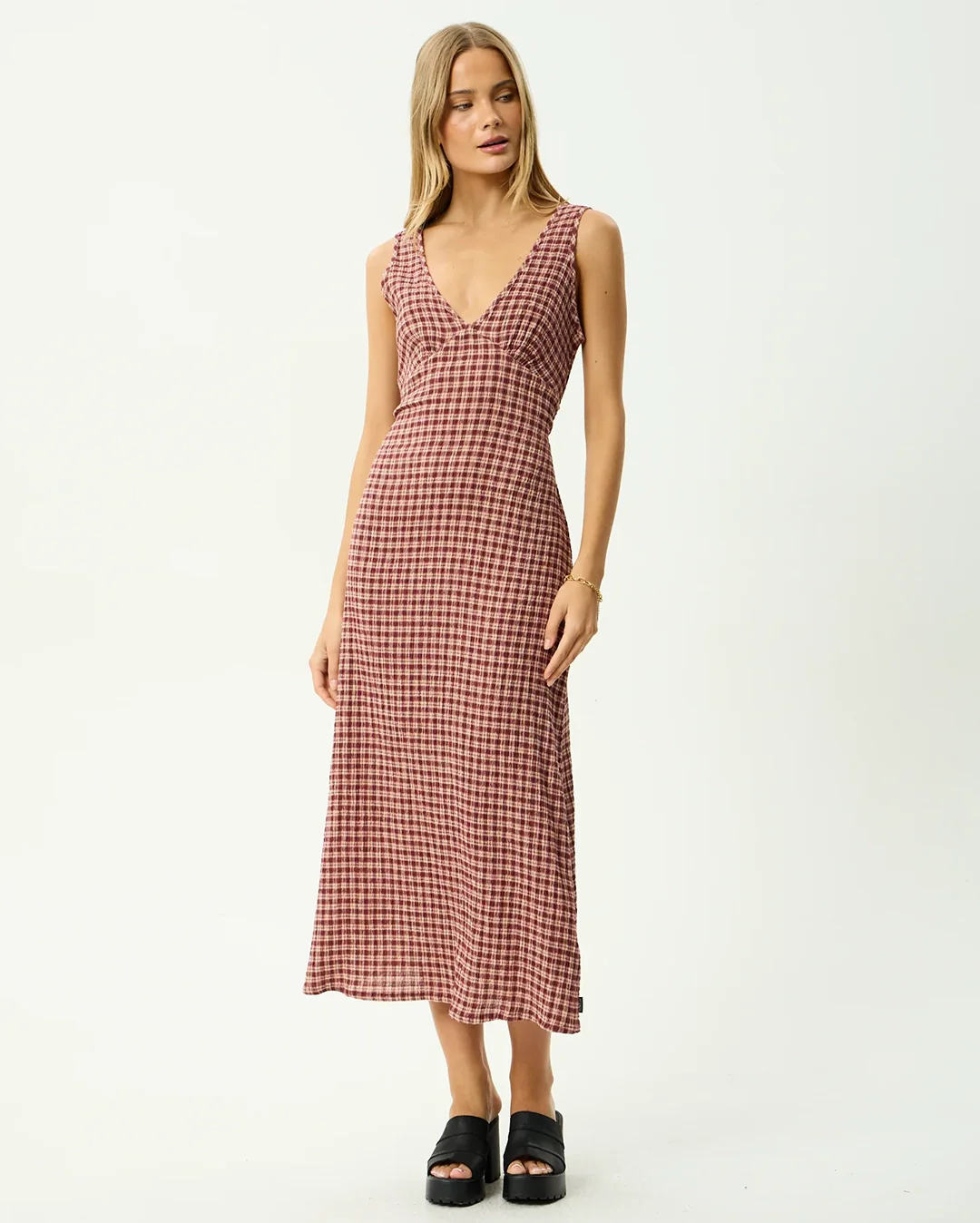 Capricorn Tully - Seersucker Maxi Dress - Burgundy / Beige Check - Image 2