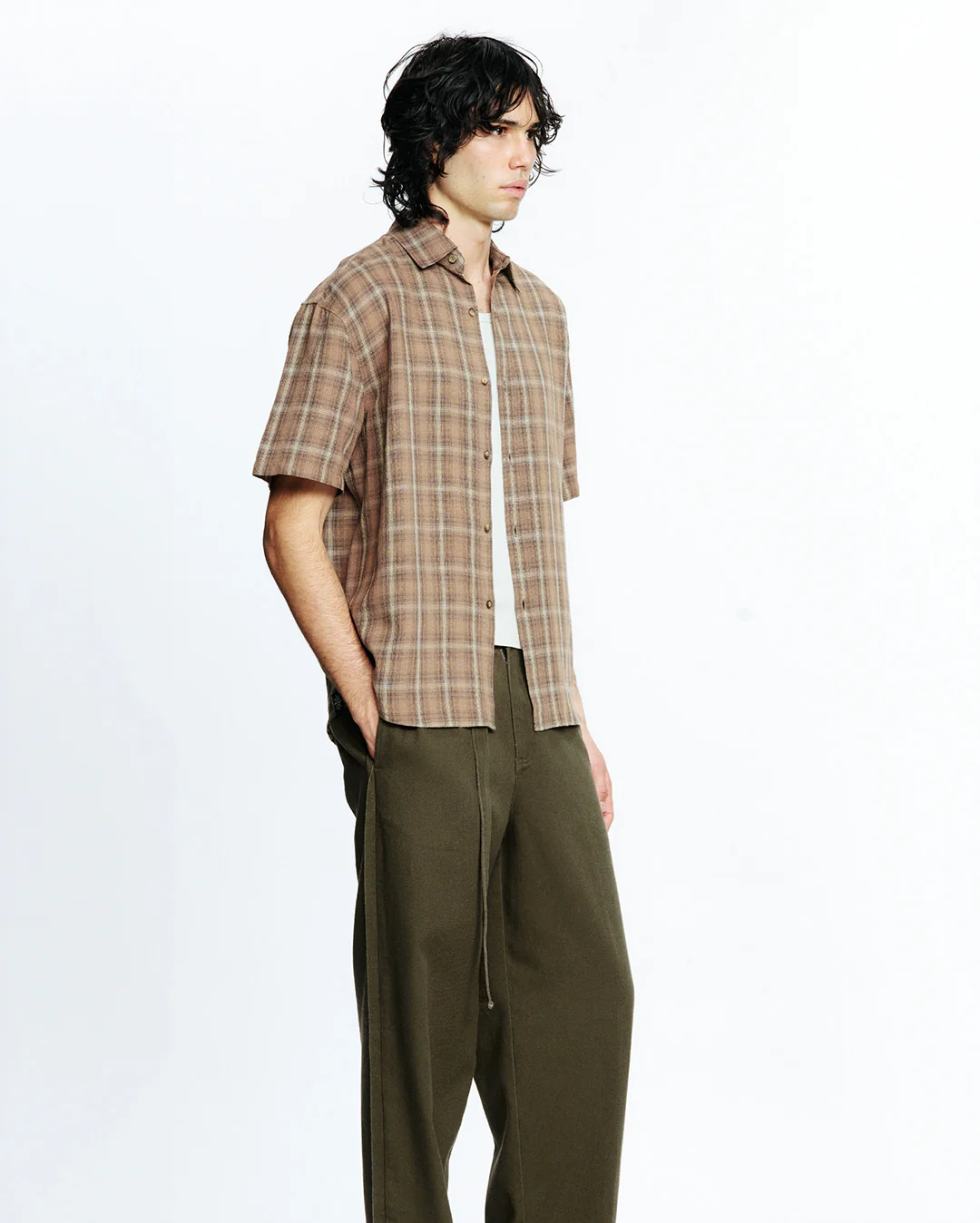 Drop Short Sleeve Shirt - Brown Check - Image 3