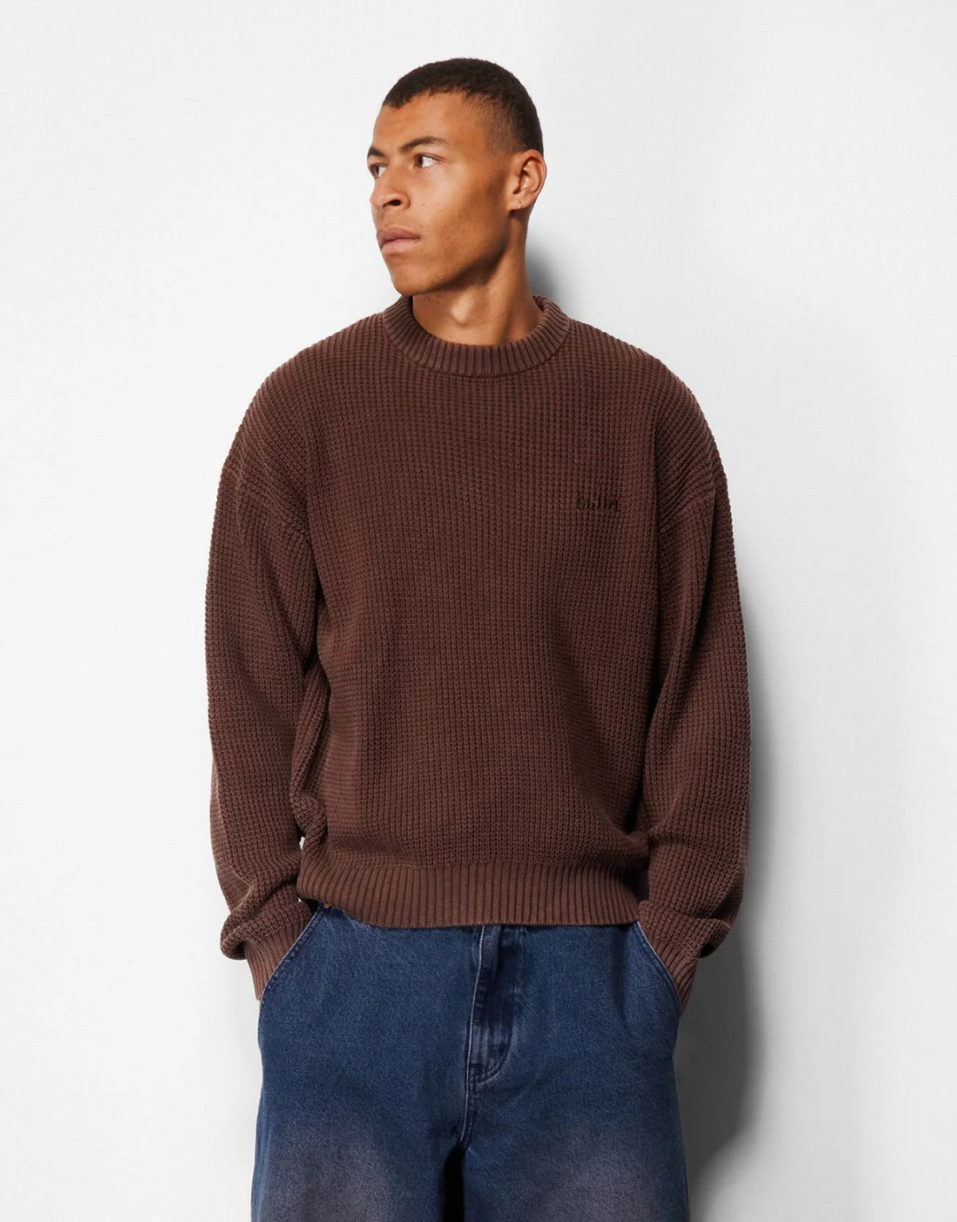 Distressed Waffle Knit Sweater - Washed Bark