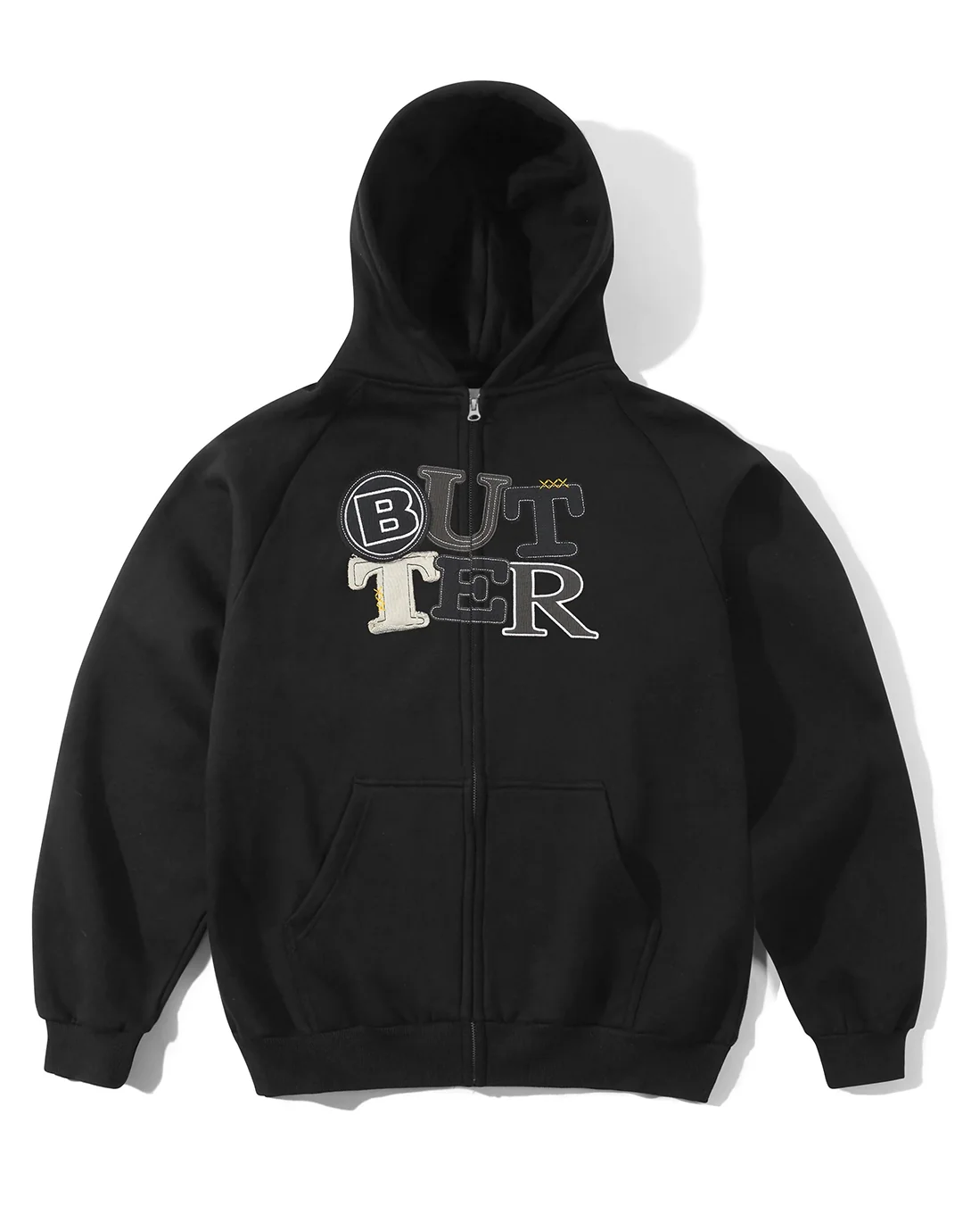 Patchwork Zip-Through Hoodie - Black