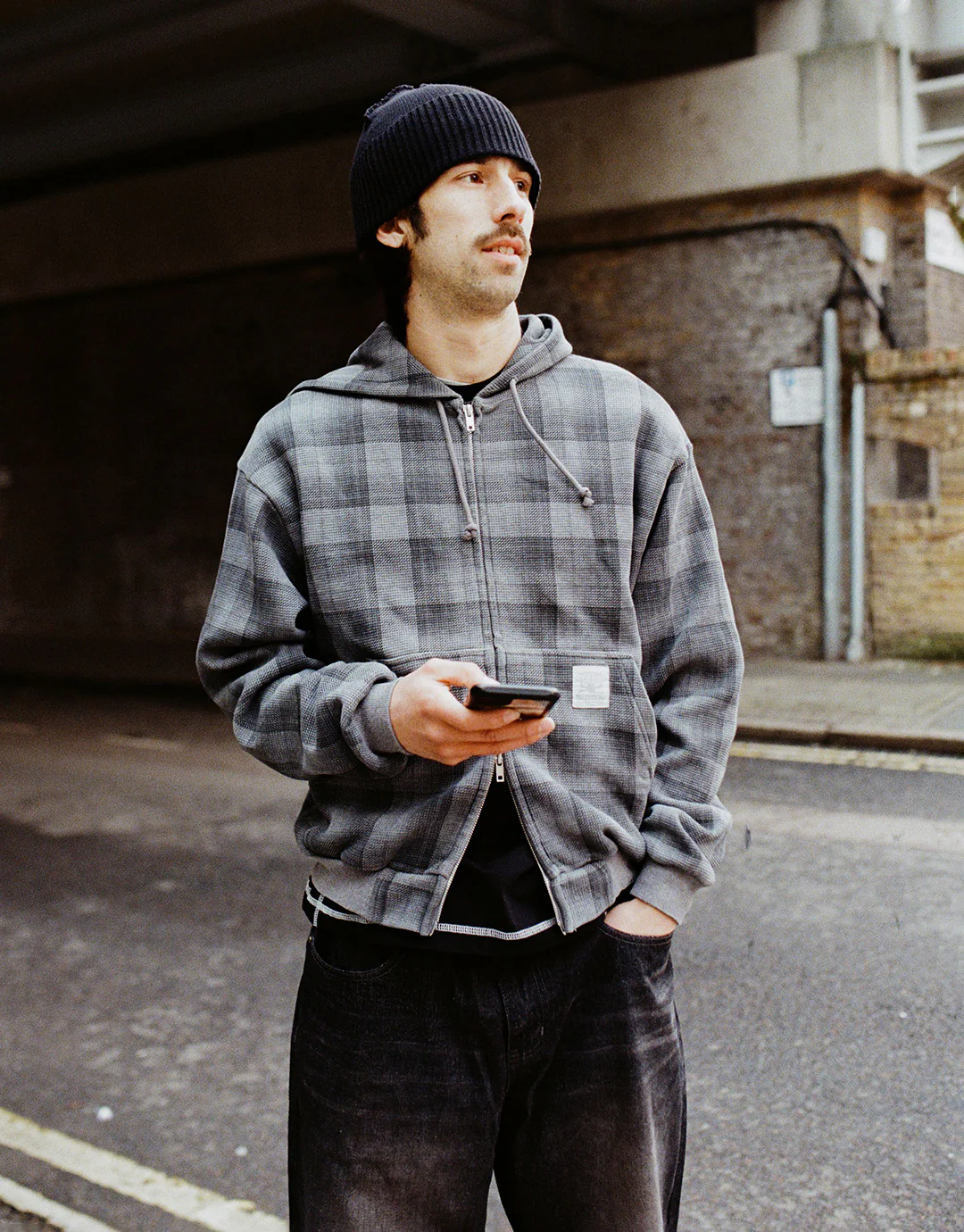 Waffle Zip-Through Hoodie - Grey Plaid