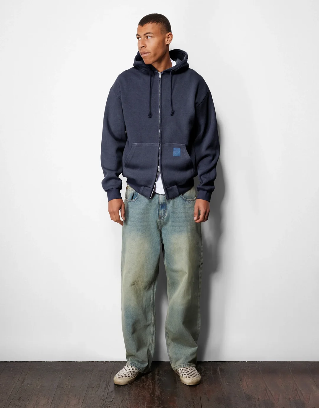Waffle Zip-Through Hoodie - Navy Overdye - Image 6