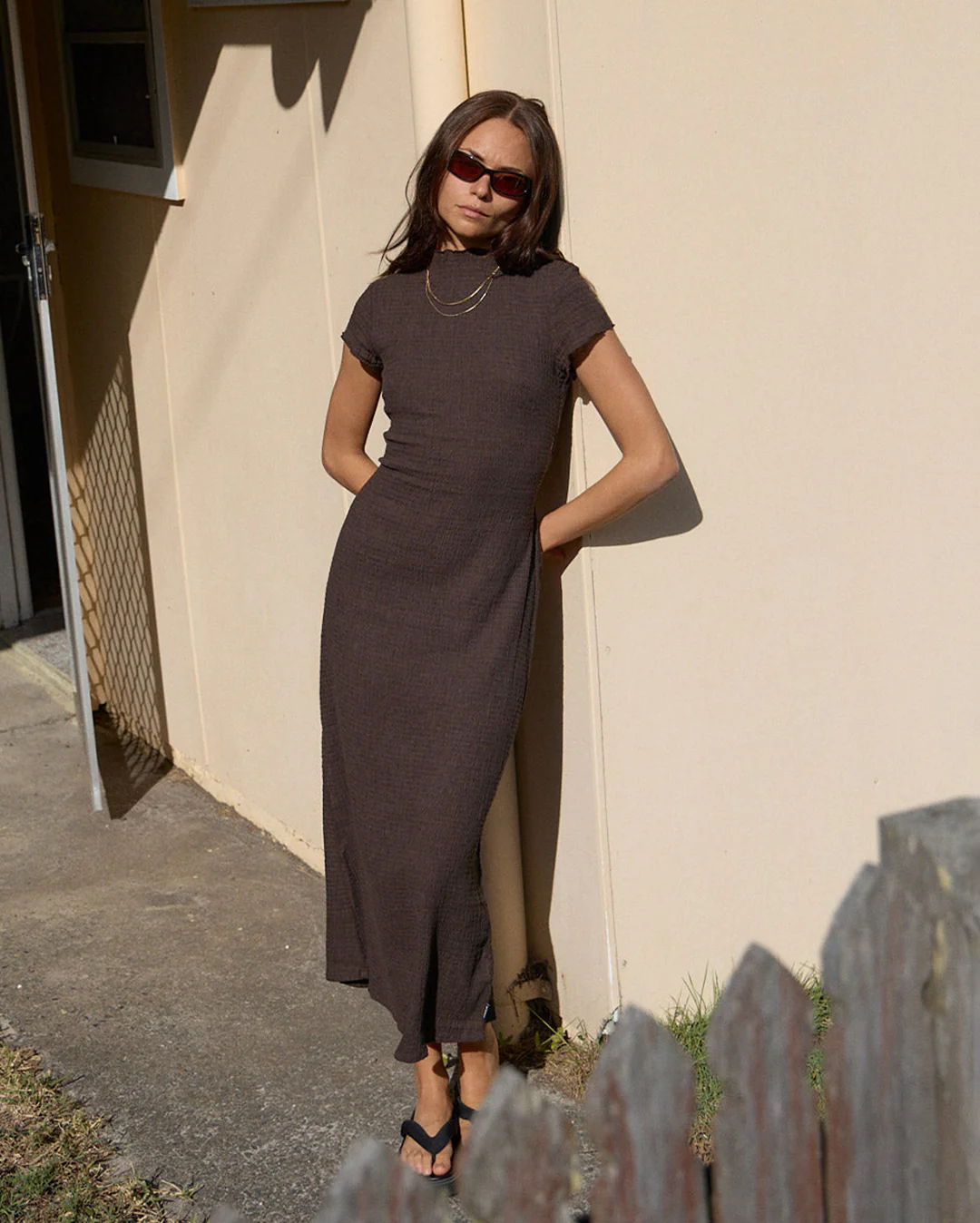 Elodie - Seersucker Midi Dress - Coffee - Image 2