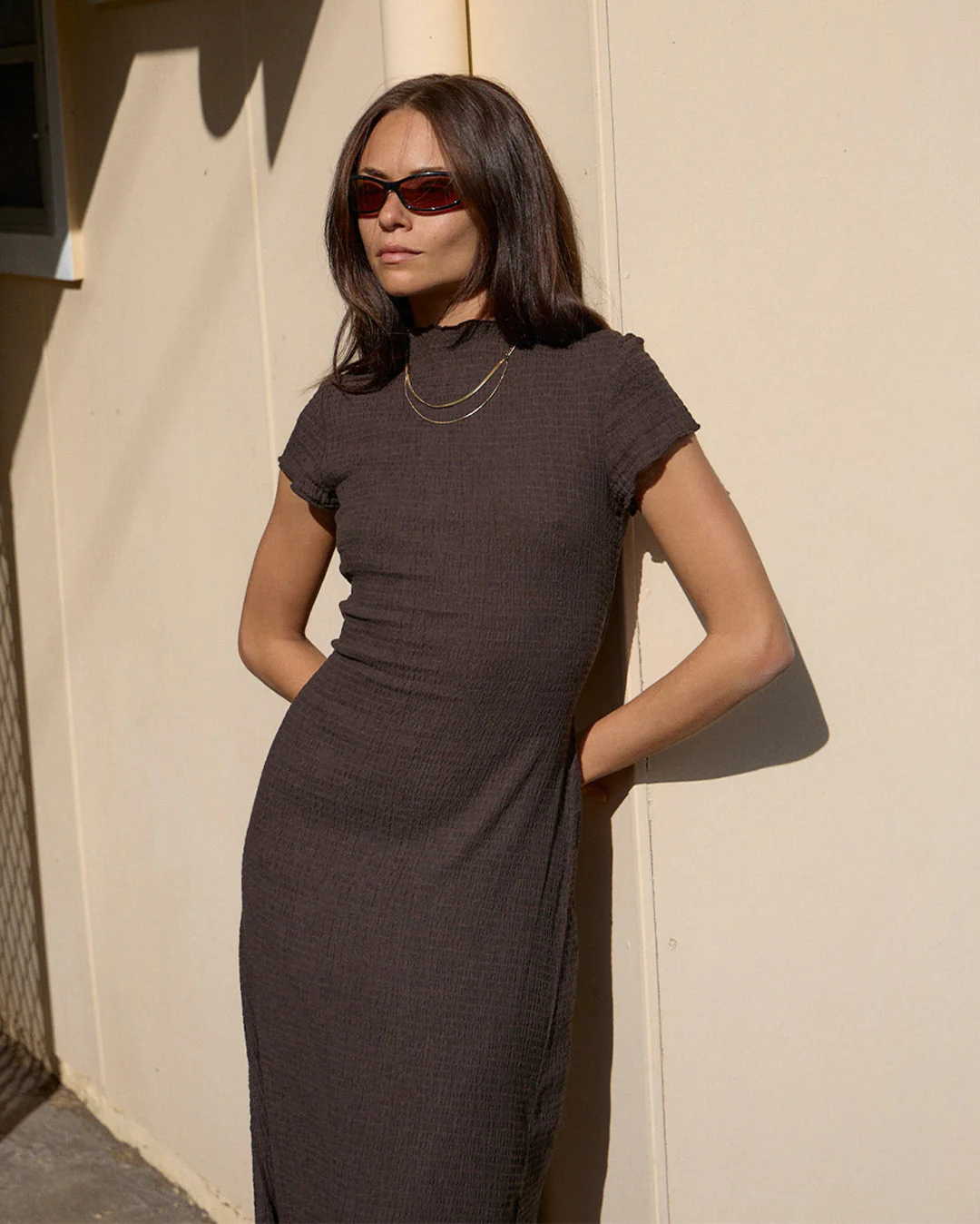 Elodie - Seersucker Midi Dress - Coffee - Image 6
