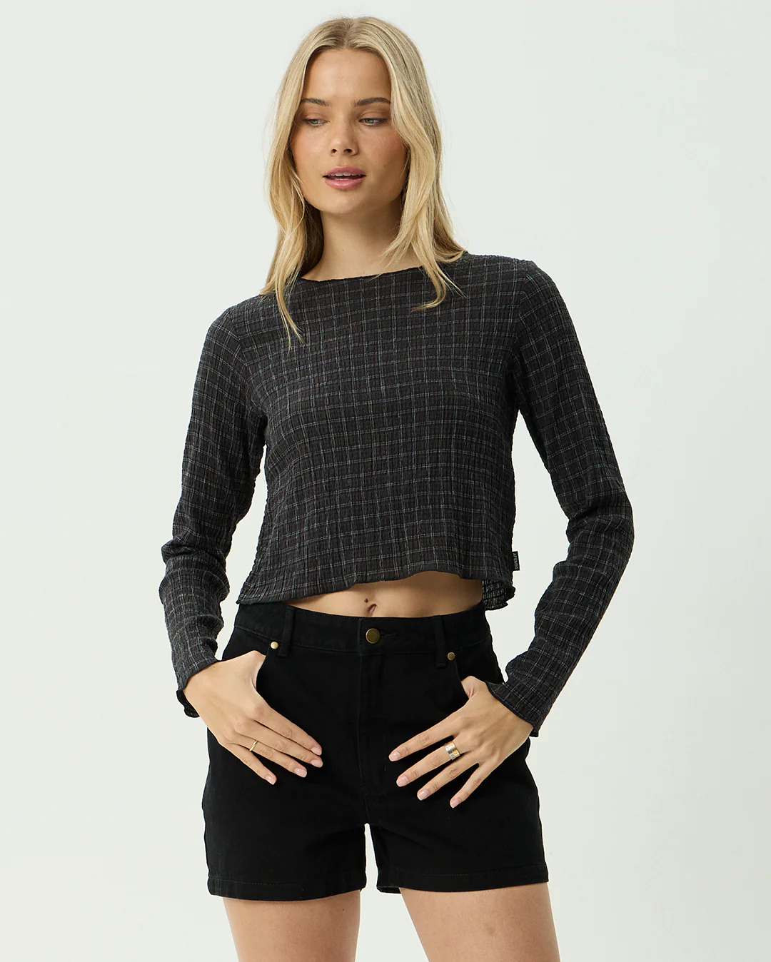 Focus - Seersucker Long Sleeve Top - Black