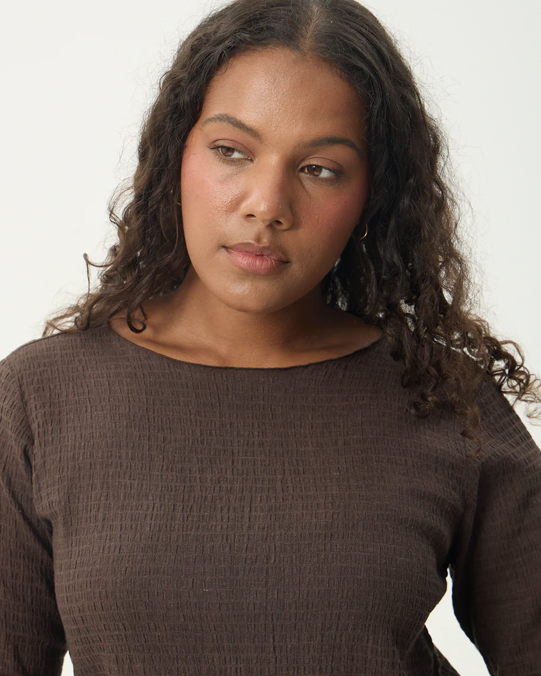 Focus - Seersucker Long Sleeve Top - Coffee - Image 12
