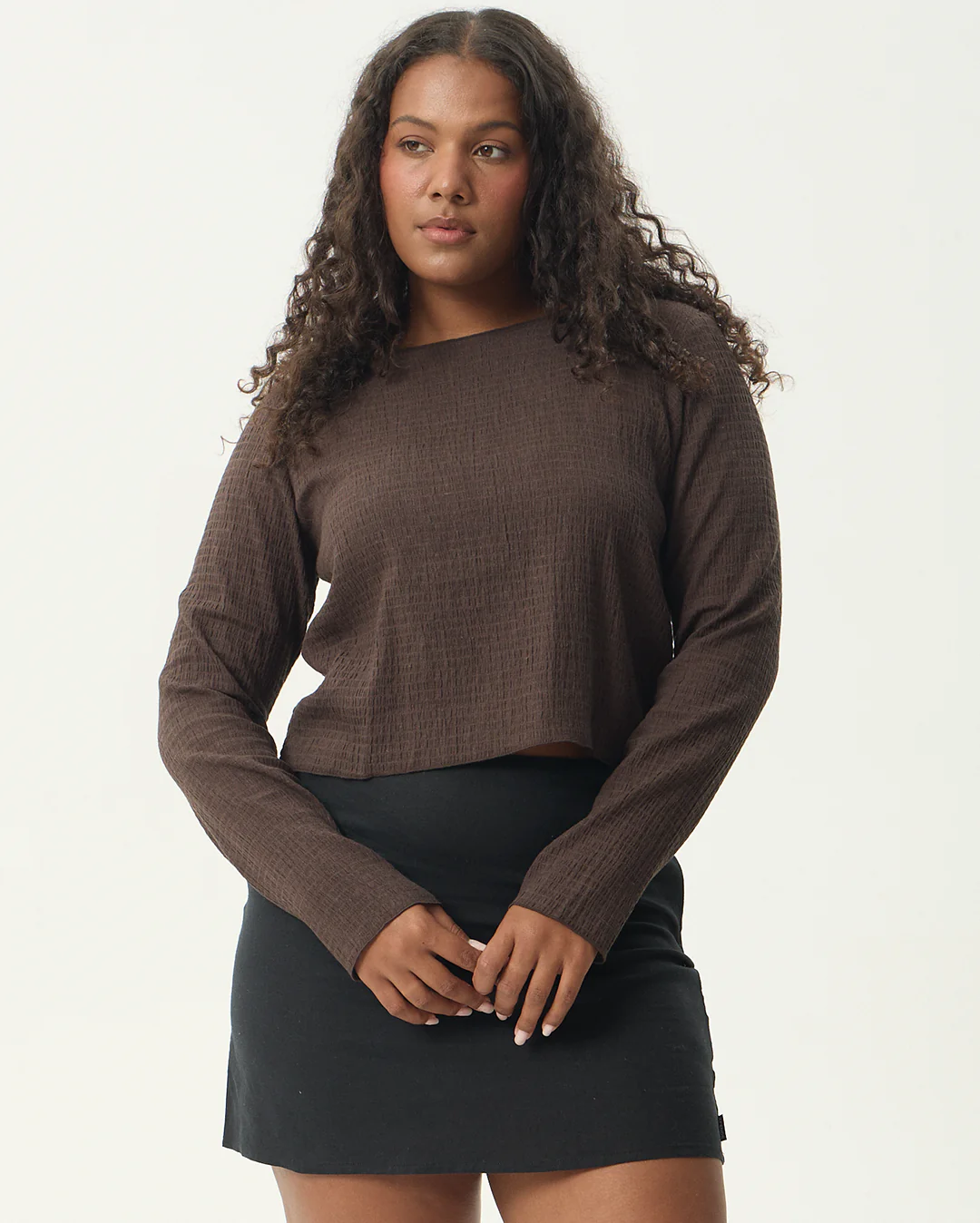 Focus - Seersucker Long Sleeve Top - Coffee - Image 2