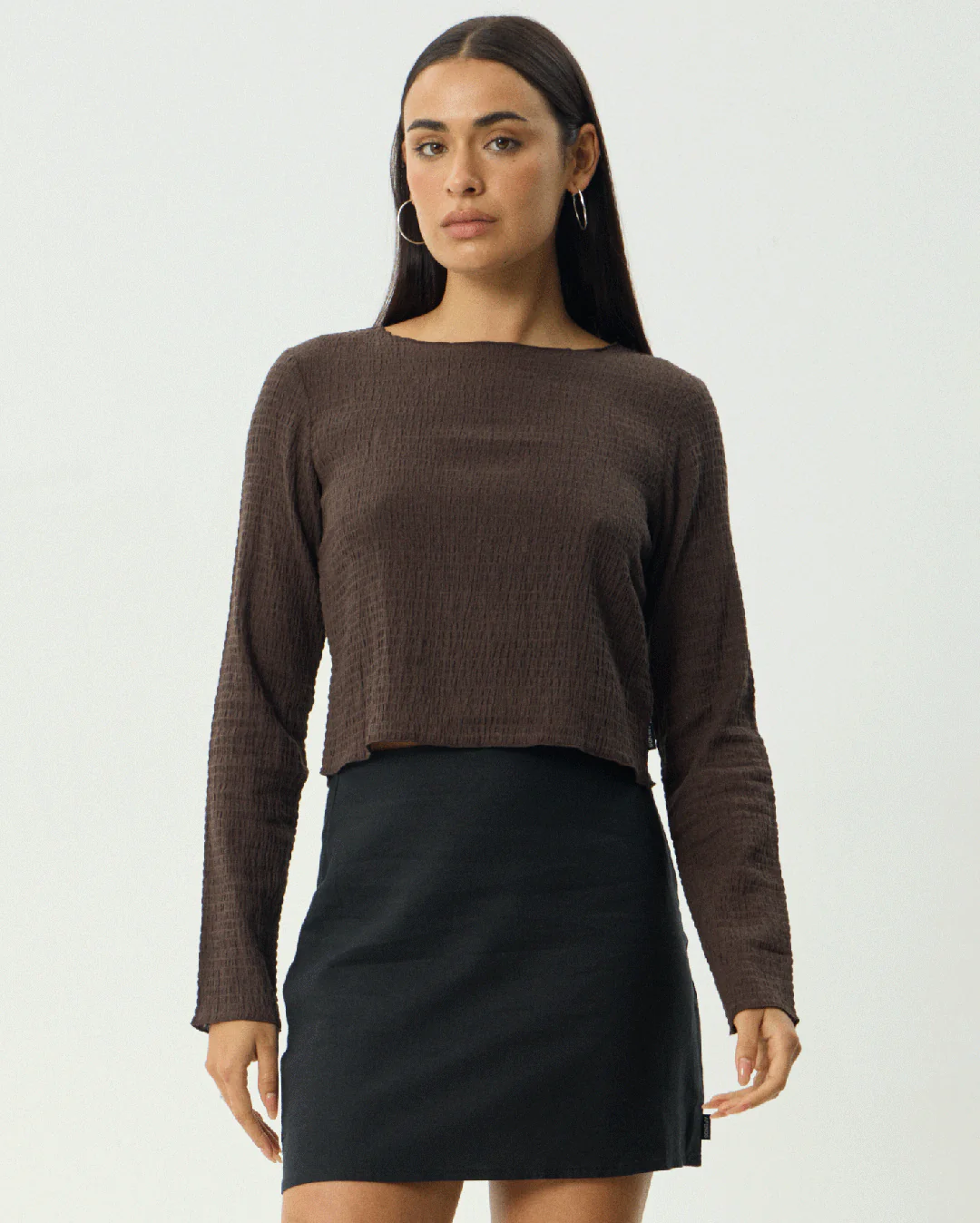 Focus - Seersucker Long Sleeve Top - Coffee - Image 3