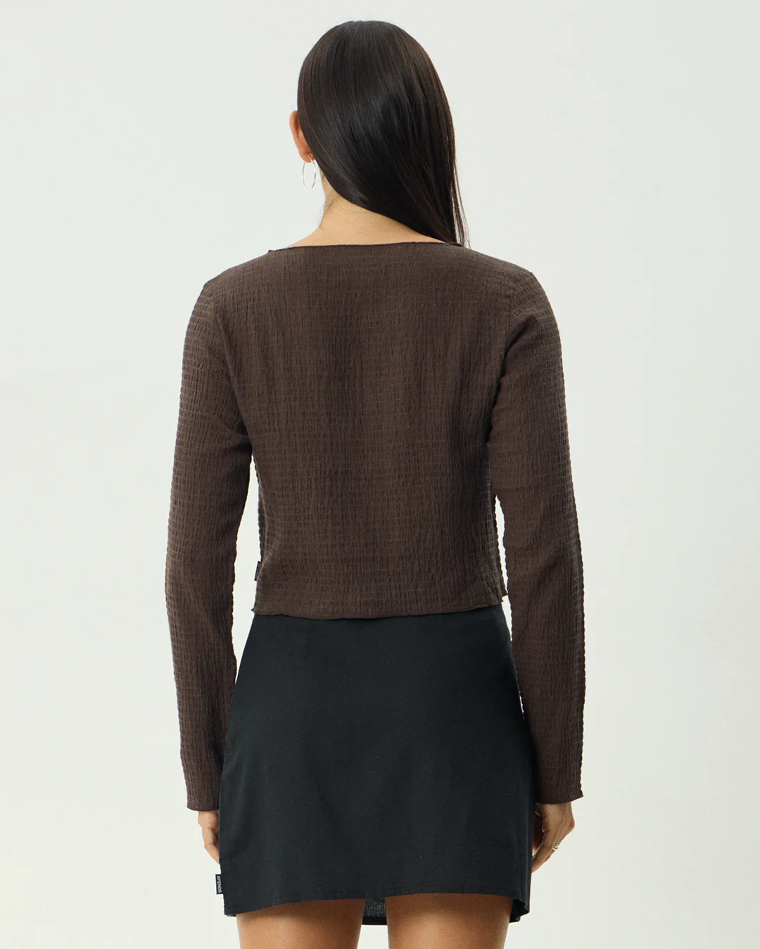 Focus - Seersucker Long Sleeve Top - Coffee - Image 9