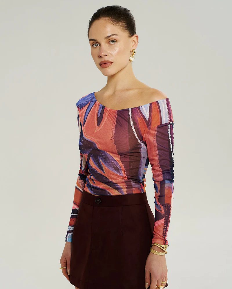 Long Sleeve Off Shoulder Top - Bordeaux - Image 2