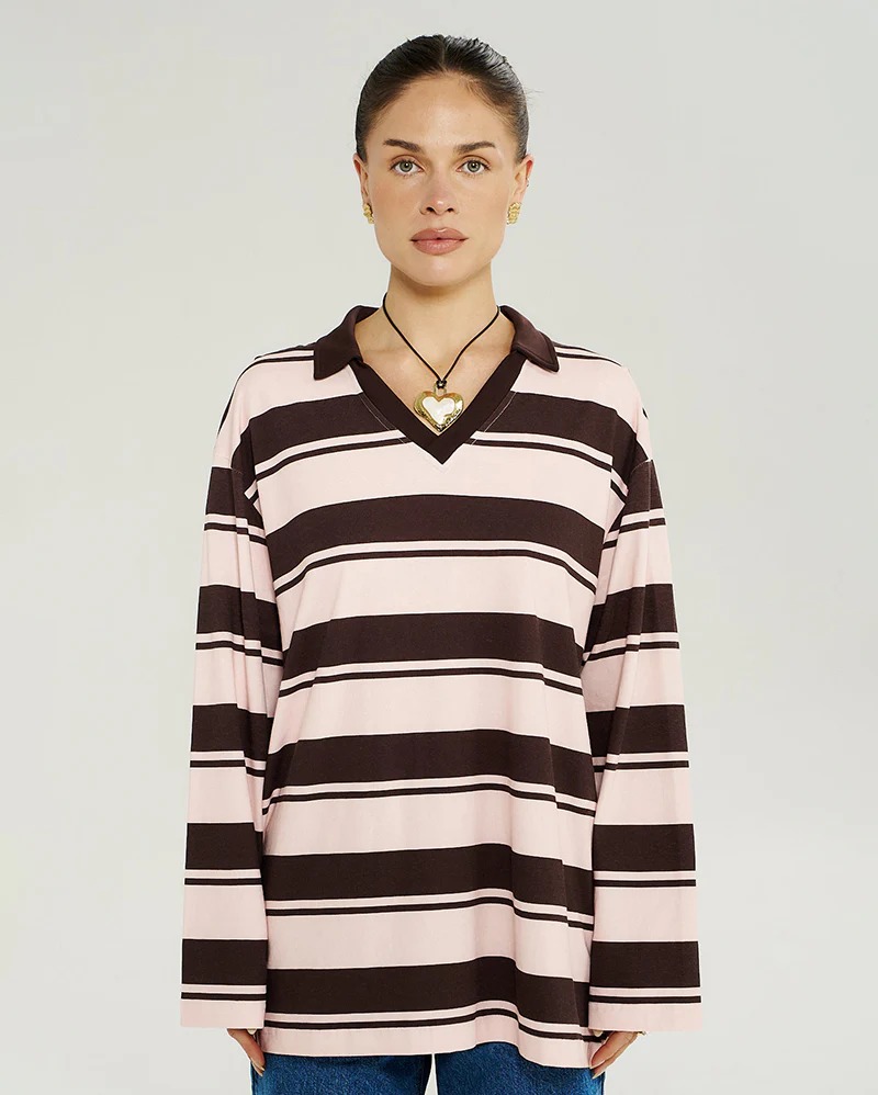 Long Sleeve Polo Top - Choc Rose Stripe