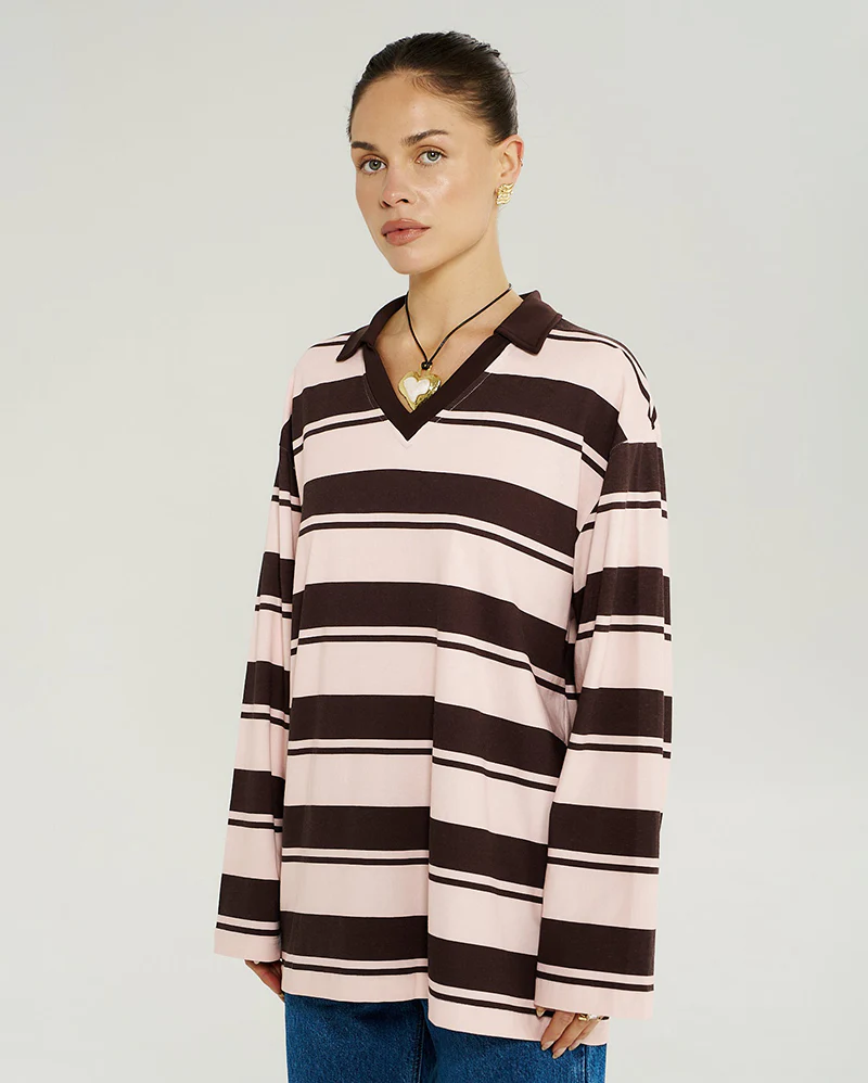 Long Sleeve Polo Top - Choc Rose Stripe - Image 2