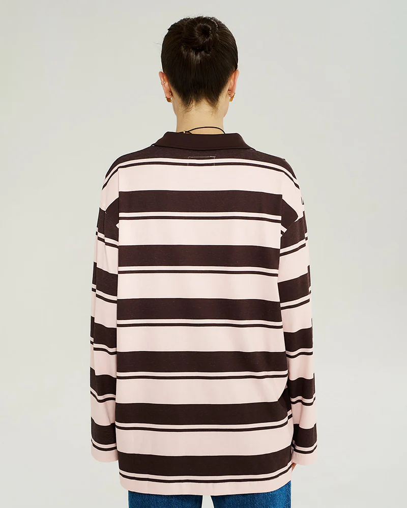 Long Sleeve Polo Top - Choc Rose Stripe - Image 3
