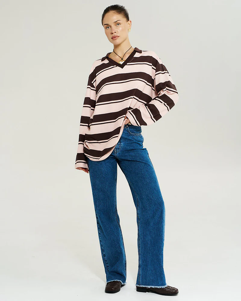 Long Sleeve Polo Top - Choc Rose Stripe - Image 4