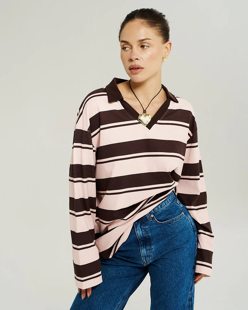 Long Sleeve Polo Top - Choc Rose Stripe - Image 5