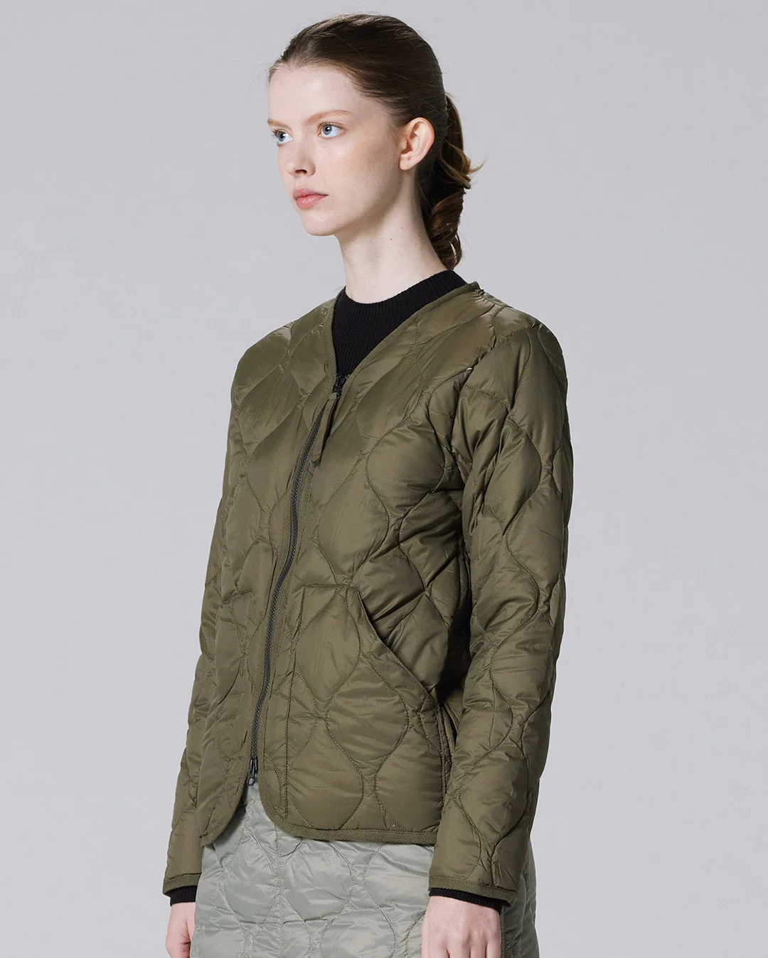Military V-Neck W-Zip Down Jacket - D.Olive - Image 3