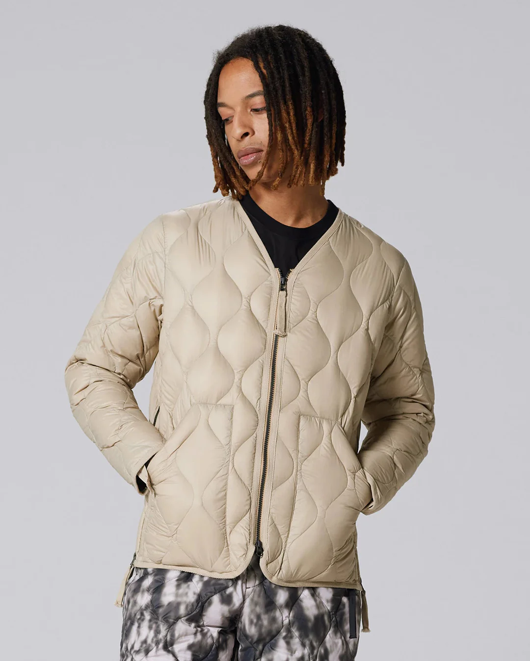 Military V-Neck W-Zip Down Jacket - G.Beige - Image 3