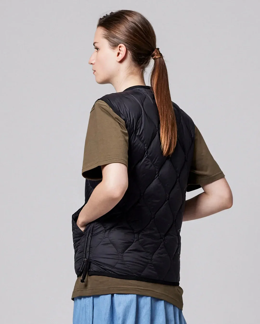 Military V-Neck W-Zip Down Vest - Black - Image 3