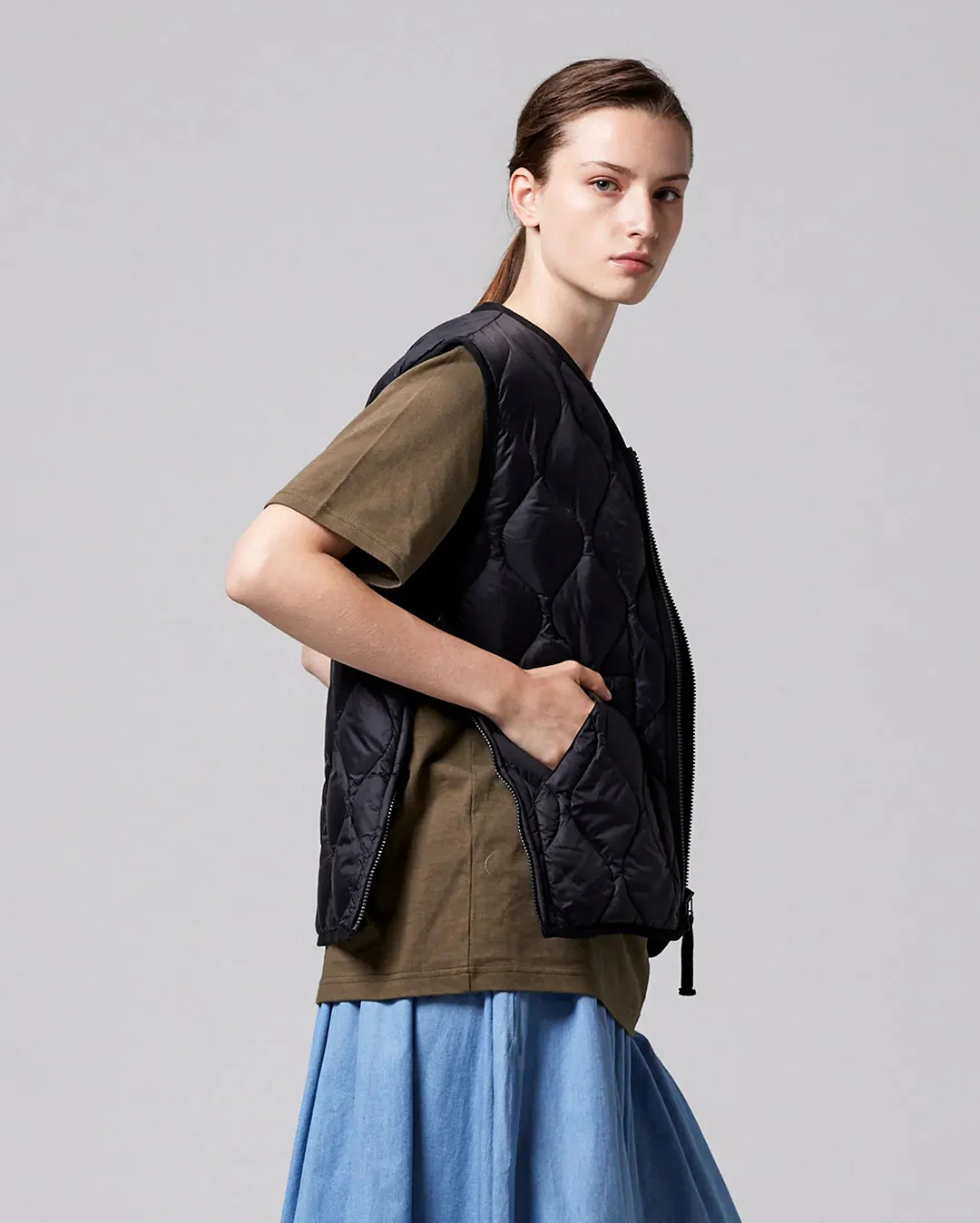 Military V-Neck W-Zip Down Vest - Black - Image 4