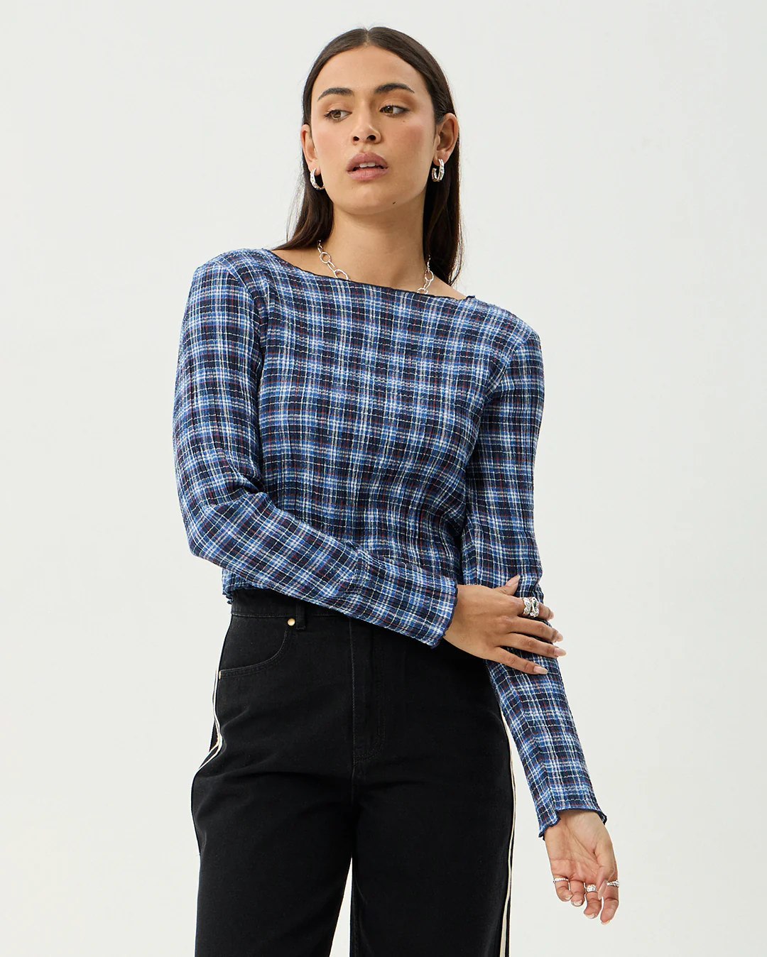 Mountains - Hemp Seersucker Long Sleeve Top - Navy Red Check - Image 2