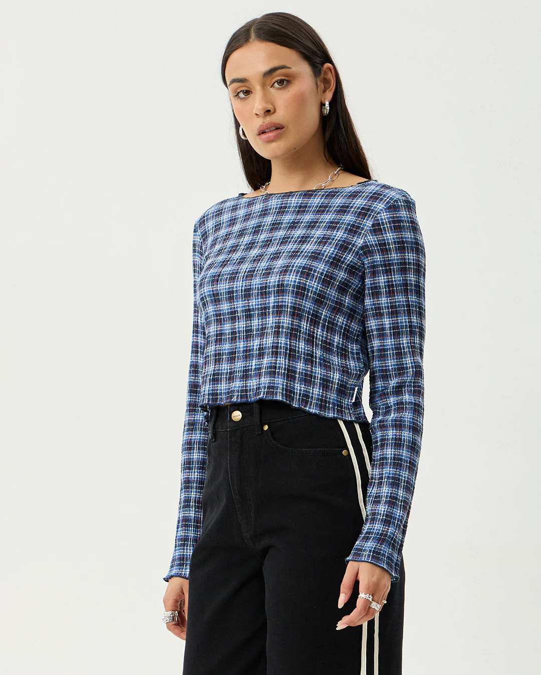 Mountains - Hemp Seersucker Long Sleeve Top - Navy Red Check - Image 3