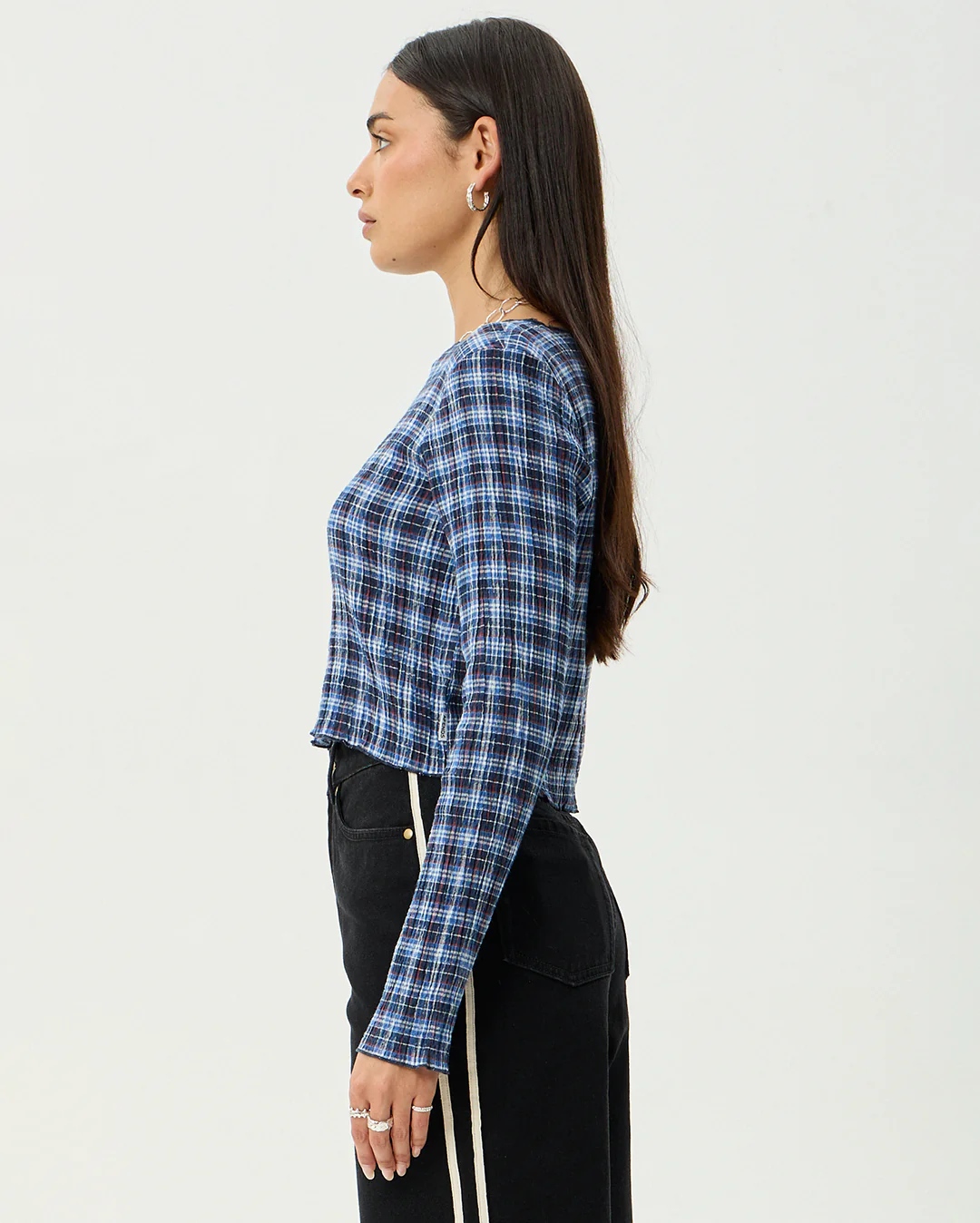 Mountains - Hemp Seersucker Long Sleeve Top - Navy Red Check - Image 4