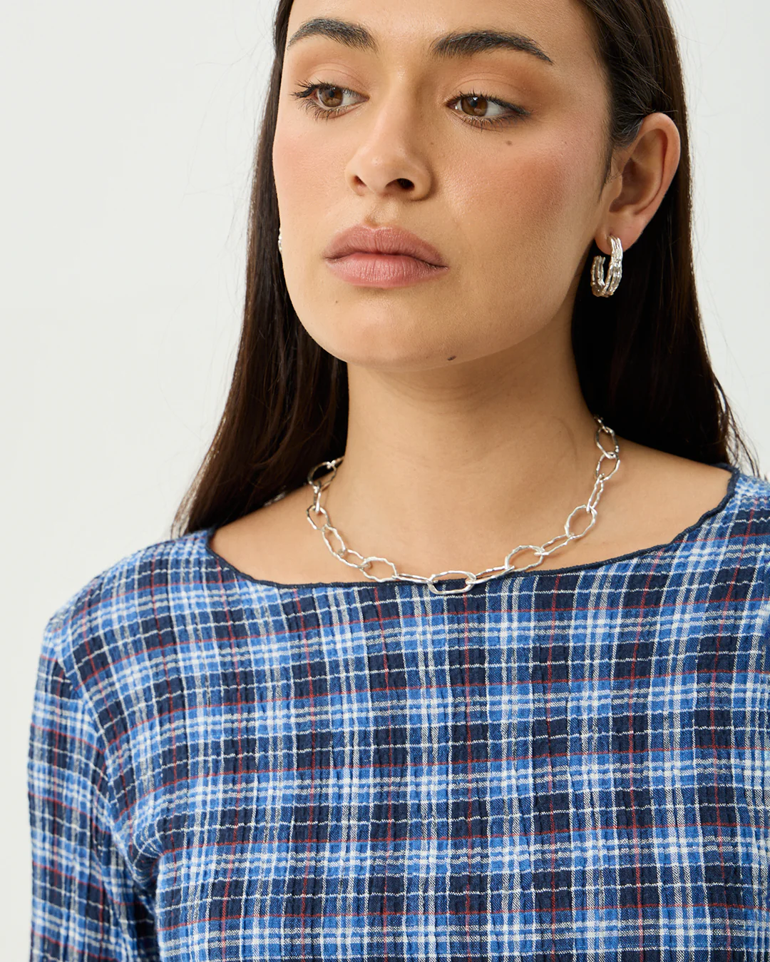 Mountains - Hemp Seersucker Long Sleeve Top - Navy Red Check - Image 6