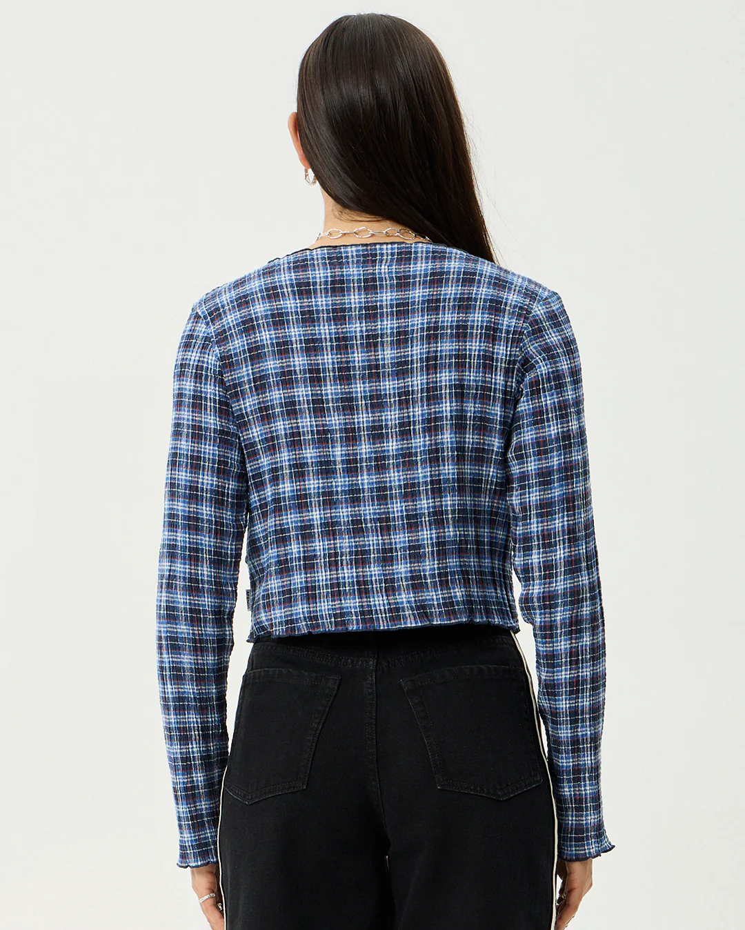 Mountains - Hemp Seersucker Long Sleeve Top - Navy Red Check - Image 7