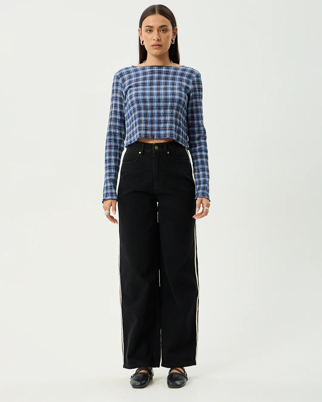 Mountains - Hemp Seersucker Long Sleeve Top - Navy Red Check - Image 8