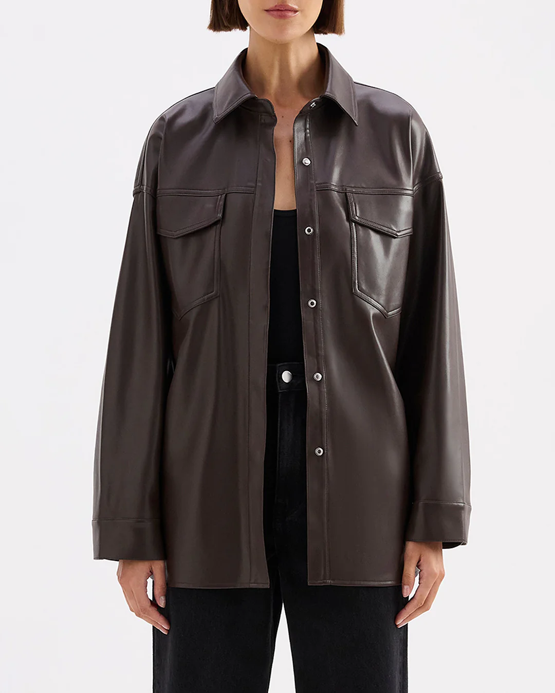 Camille Vegan Leather Overshirt - Raisin - Image 3