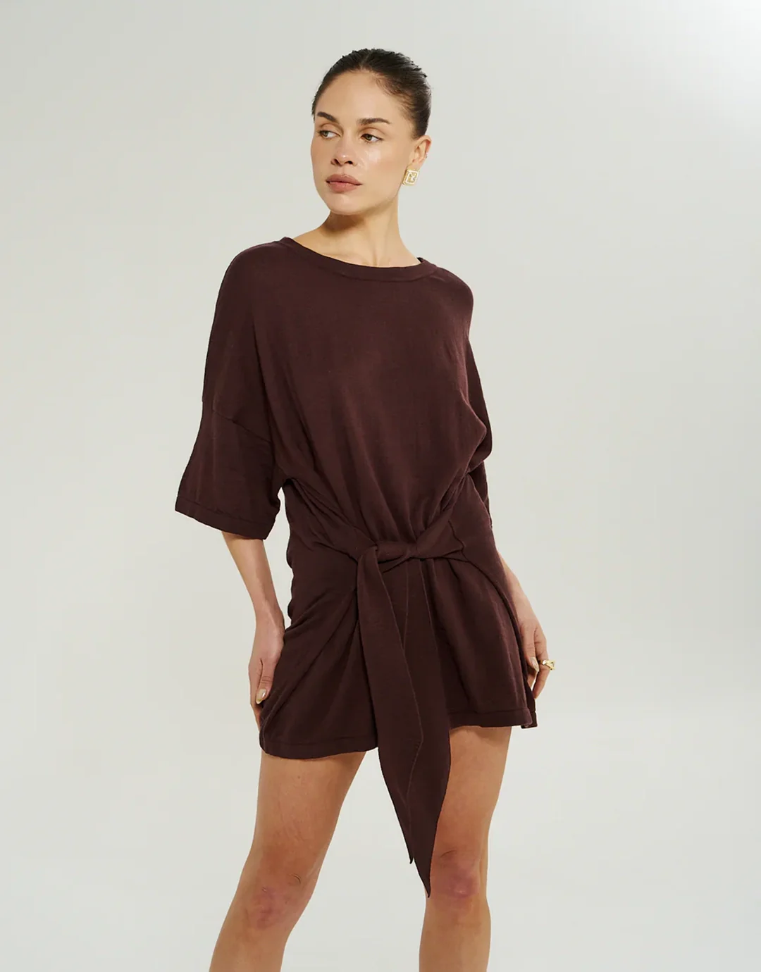 Knit Tie Front Dress - Chocolate