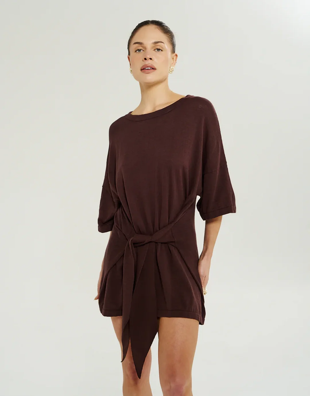 Knit Tie Front Dress - Chocolate - Image 4