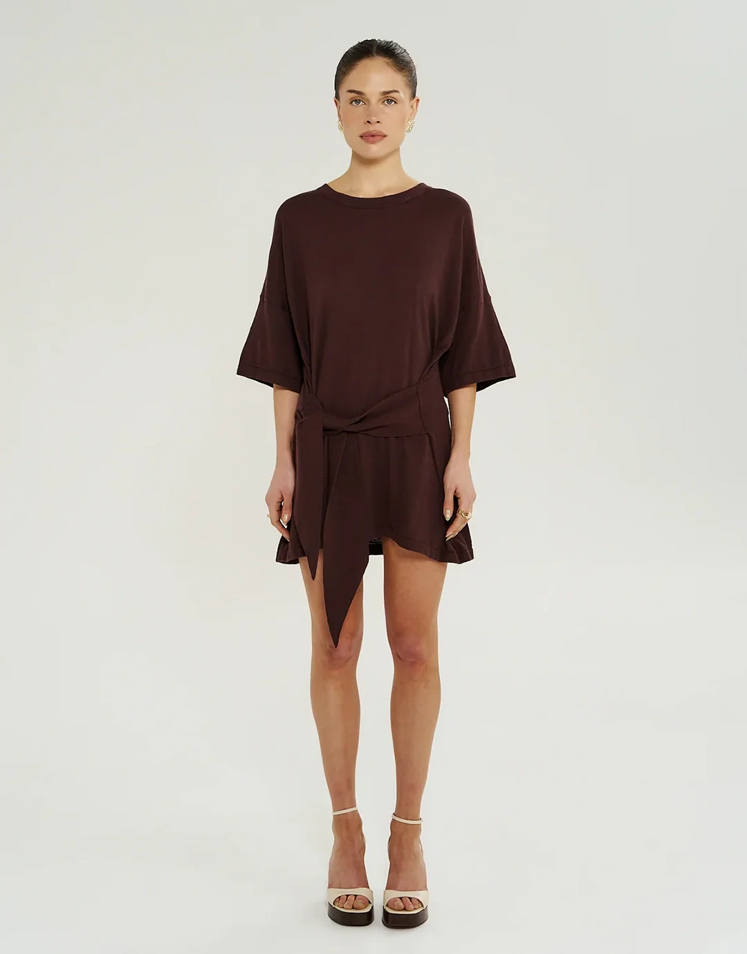Knit Tie Front Dress - Chocolate - Image 6