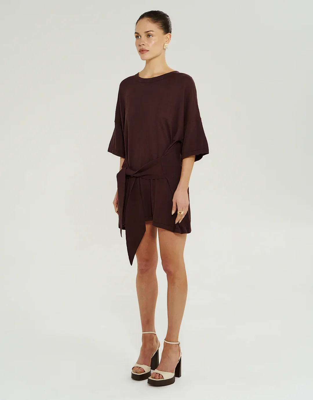 Knit Tie Front Dress - Chocolate - Image 7