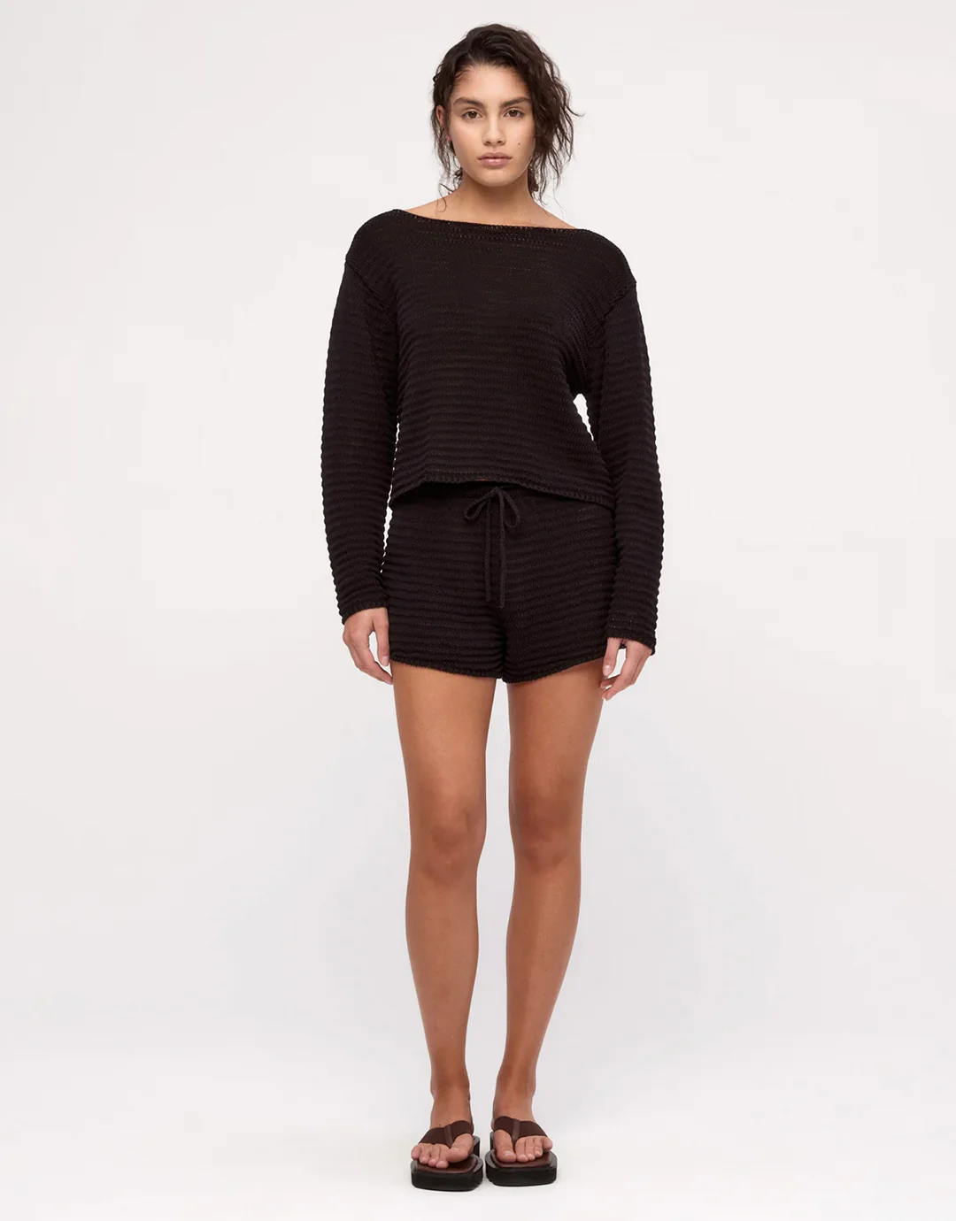 Cotton Lattice Knit Shorts - Black