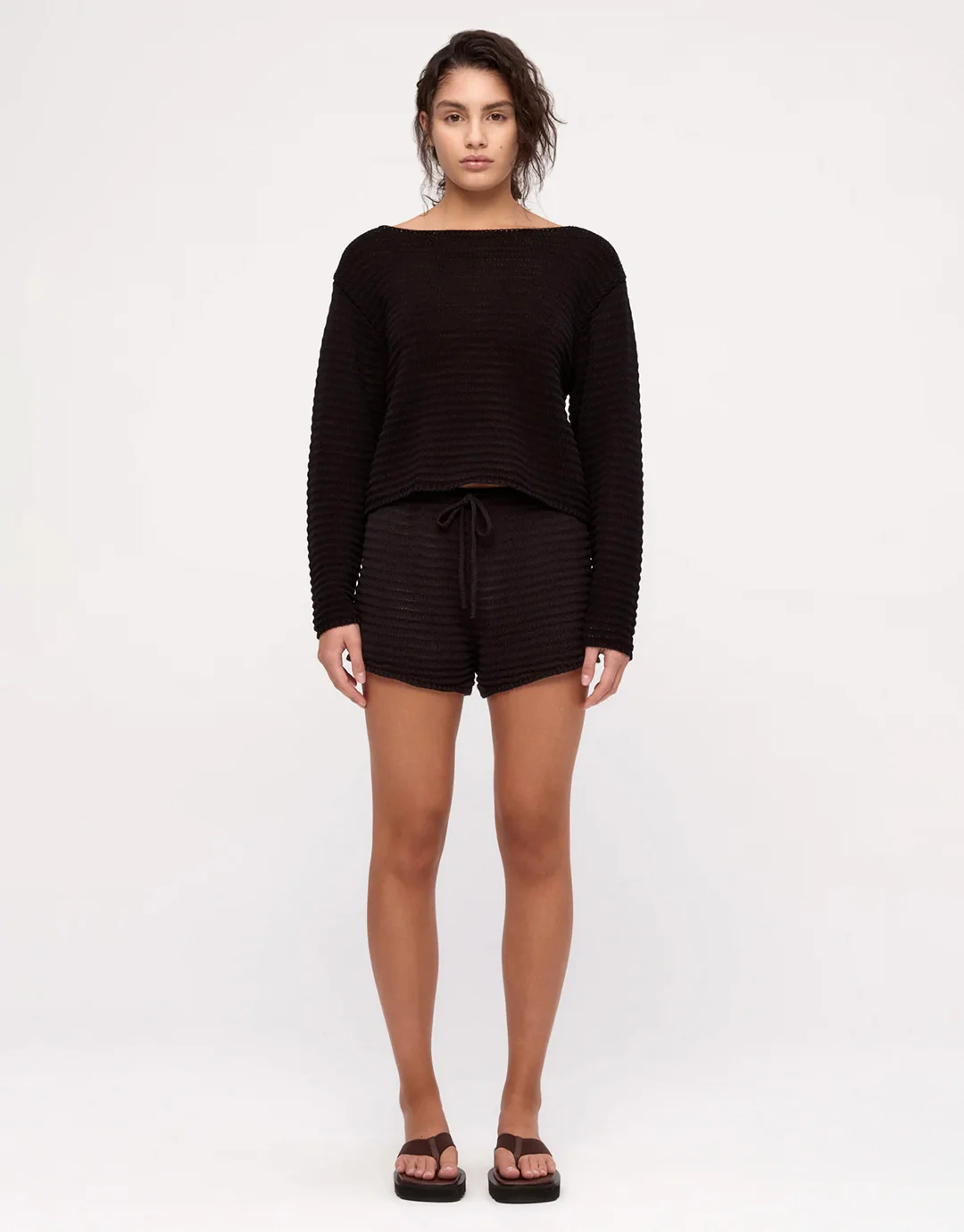 Cotton Lattice Knit Shorts - Black - Image 2