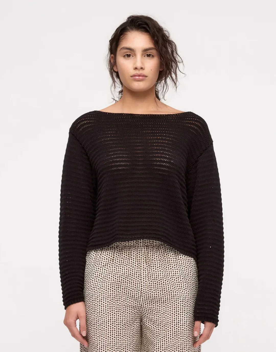 Cotton Lattice Knit Top - Black - Image 3