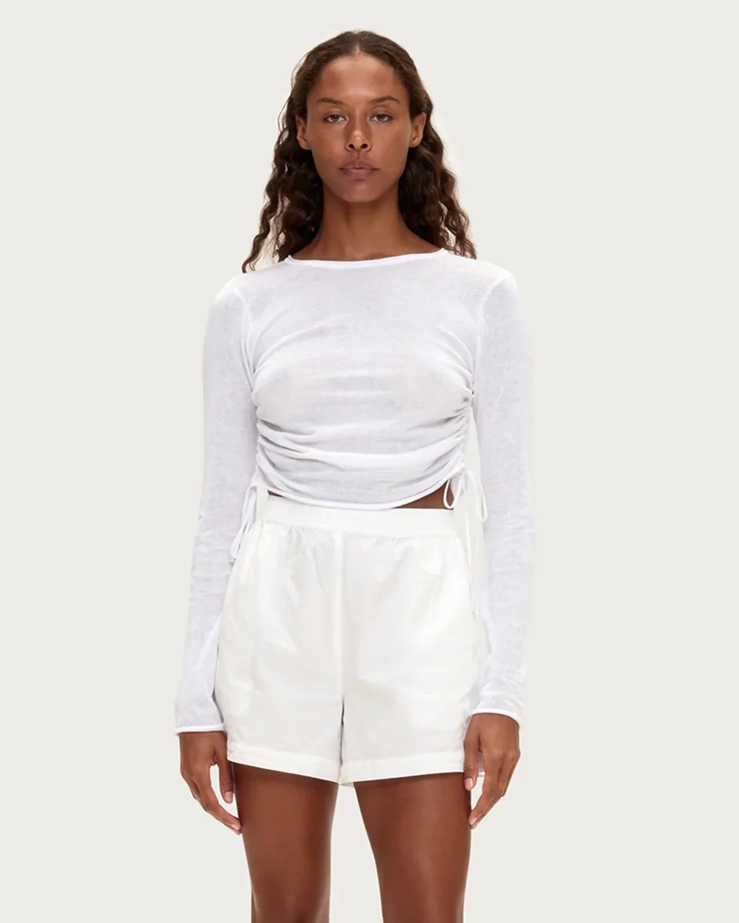 Gathered Long Sleeve Knit Top - White