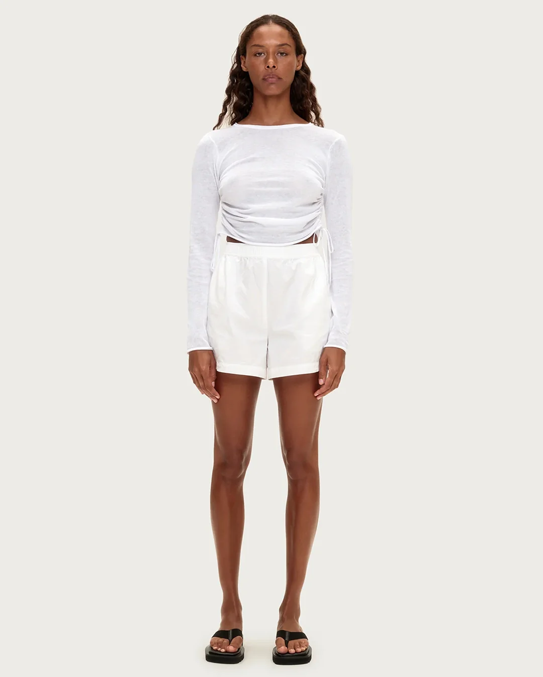 Gathered Long Sleeve Knit Top - White - Image 2