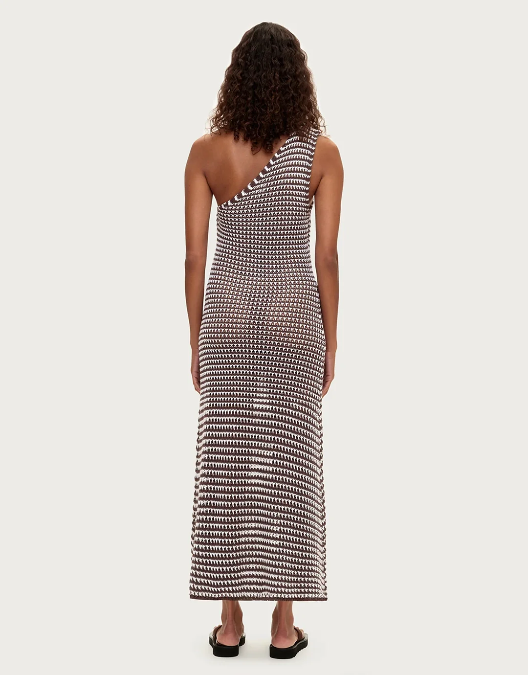 Lattice Knit One Shoulder Dress - Brown Stripe - Image 3