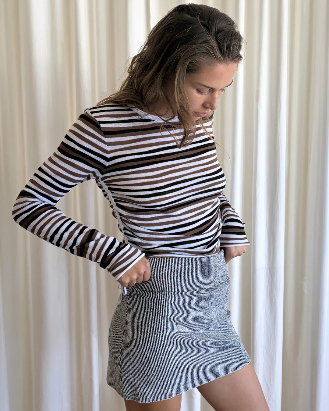 Textured Knit Mini Skirt - Black Pinstripe - Image 3